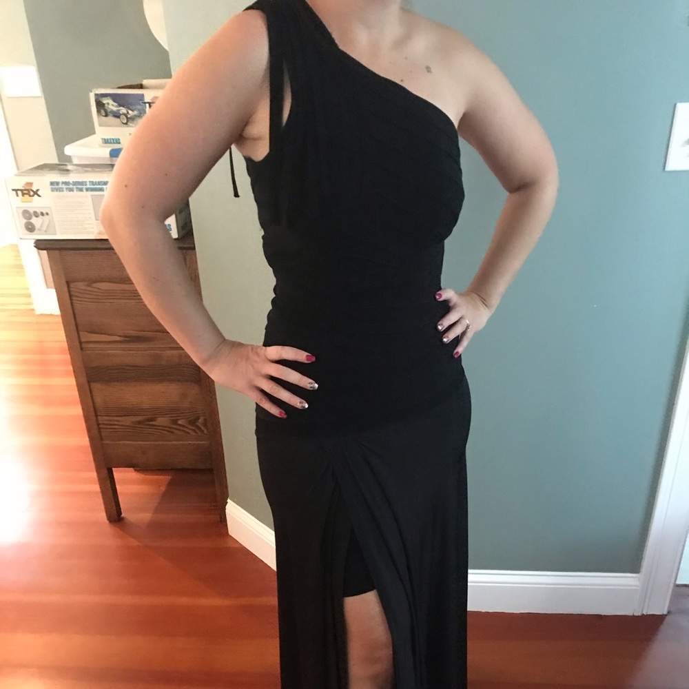 One shoulder bandage black floor length dress